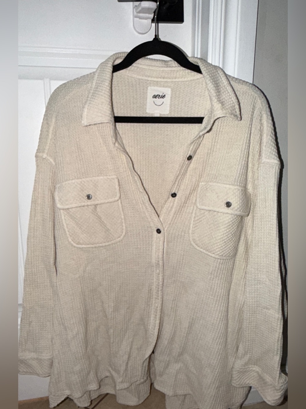 aerie Cream Button-Up Waffle Knit Shirt Jacket